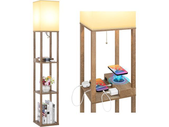 Mlambert Modern Shelf Floor Lamp with Wireless Charger & Fast Charging USB Ports & Type C Port & 2 Power Outlets,3 Tier Storage Lamp for Bedroom(Wood)