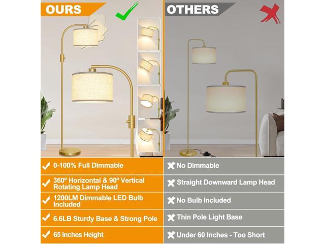 Upgraded Dimmable Gold Floor Lamp, 1200 Lumens LED Bulb Included, Arc Floor Lamps for Living Room Modern Standing Lamp with Linen Shade, Tall Lamp...