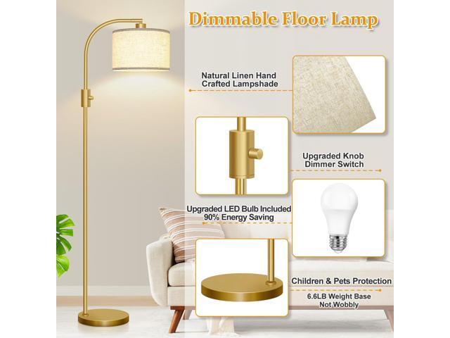 Upgraded Dimmable Gold Floor Lamp, 1200 Lumens LED Bulb Included, Arc Floor Lamps for Living Room Modern Standing Lamp with Linen Shade, Tall Lamp...