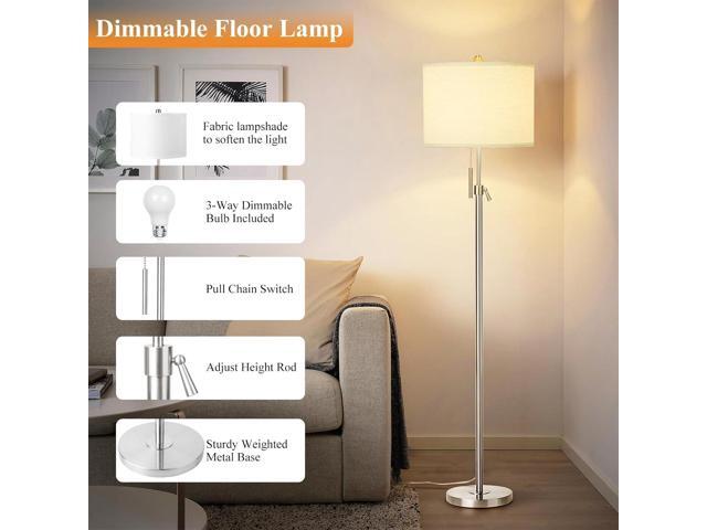 Brushed Nickel Floor Lamp for Living Room, Adjustable Height Standing Lamp with Metal Base, 3-Way Dimmable Tall Pole Light with White Linen Shade...