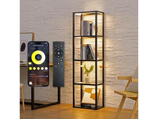 FENLO Fantasy Plus - Tall Display Shelf with Dimmable LED Floor Lamp, Sturdy Curio Cabinet with Glass Bookcase, Glass Display Shelves for Bedroom...