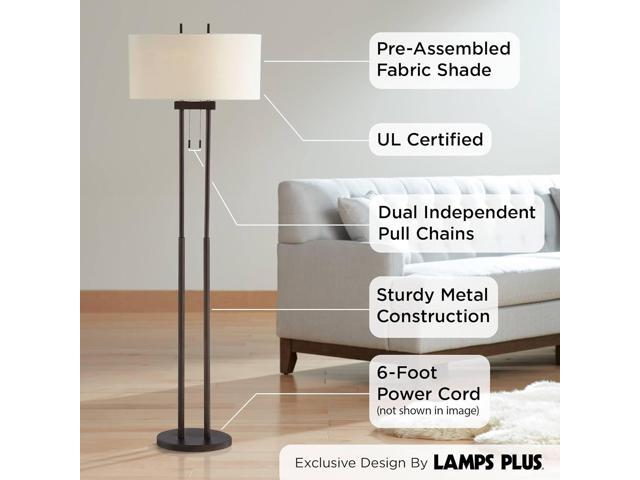 Franklin Iron Works Roscoe Modern Standing Floor Lamp 62' Tall Oil Rubbed Bronze Brown Twin Poles White Fabric Hardback Oval Shade Decor for Living...