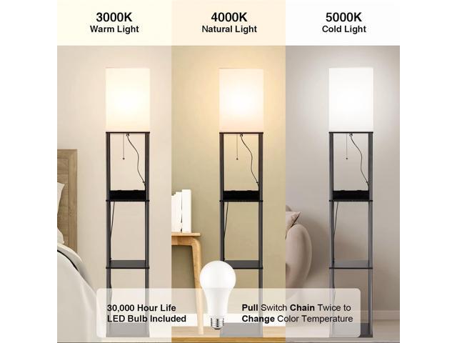 NUNET LED Floor Lamp with Shelves 3 Color Temperature 9W LED Light Bulb, 2AC Outlets & 2USB Ports w. 3 Level Shelves & Cellphone/Photo Frame Stand...