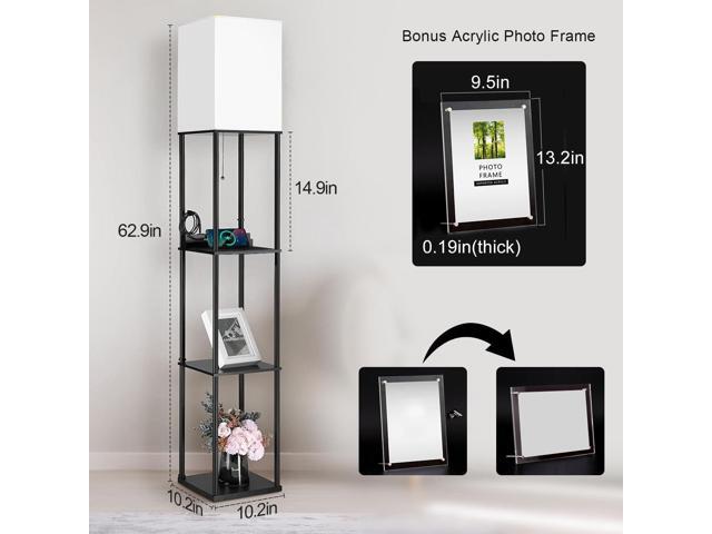 NUNET LED Floor Lamp with Shelves 3 Color Temperature 9W LED Light Bulb, 2AC Outlets & 2USB Ports w. 3 Level Shelves & Cellphone/Photo Frame Stand...