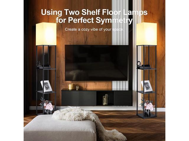 NUNET LED Floor Lamp with Shelves 3 Color Temperature 9W LED Light Bulb, 2AC Outlets & 2USB Ports w. 3 Level Shelves & Cellphone/Photo Frame Stand...