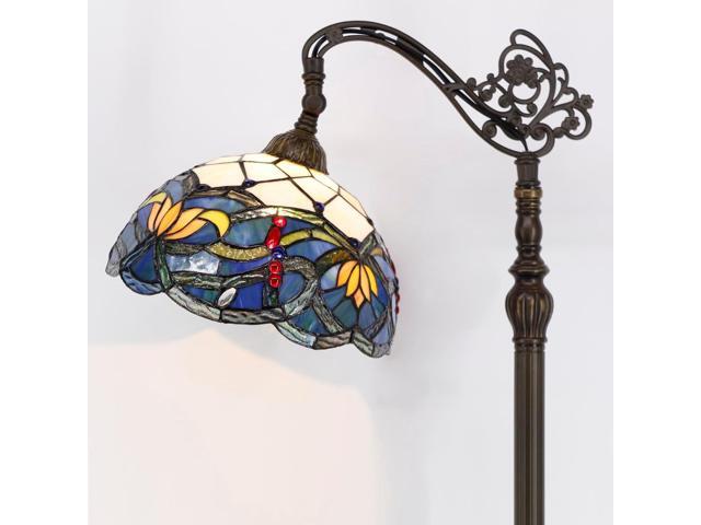 WERFACTORY Tiffany Floor Lamp Blue Lotus Flower Stained Glass Arched Lamp 12X18X64 Inch Gooseneck Adjustable Corner Standing Reading Light Decor...