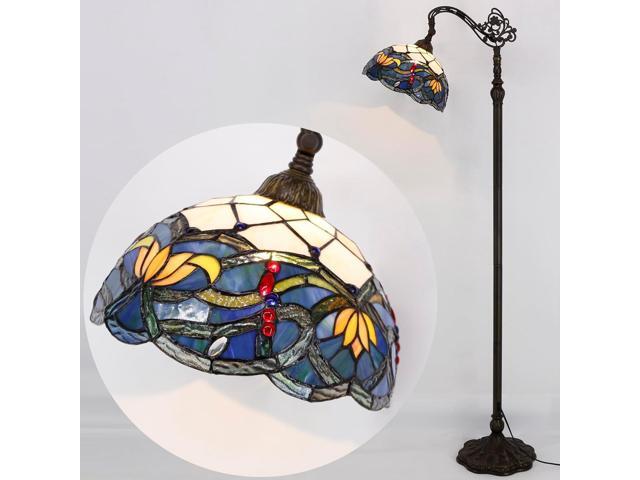 WERFACTORY Tiffany Floor Lamp Blue Lotus Flower Stained Glass Arched Lamp 12X18X64 Inch Gooseneck Adjustable Corner Standing Reading Light Decor...