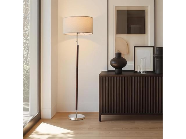 Brightech Carter LED Floor Lamp, Drum Shade Tall Lamp with Walnut Wood Finish, Great Living Room Décor, Mid-Century Lamp for Living Rooms &...