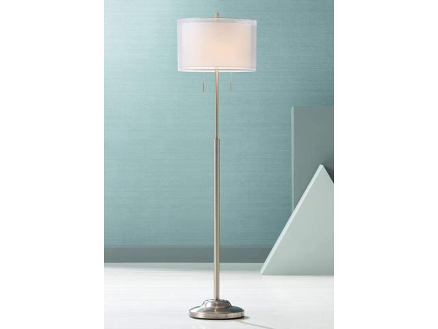 Possini Euro Design Roxie Modern Standing Floor Lamp 65.5' Tall Brushed Nickel Silver Double Layer Sheer Linen Fabric Drum Shade Decor for Living...