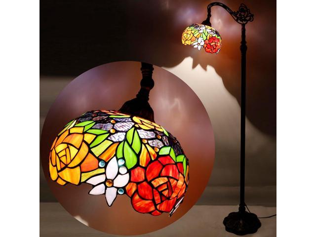 WERFACTORY Tiffany Floor Lamp Red Rose Flower Stained Glass Arched Lamp 10X18X64 Inches Gooseneck Adjustable Corner Standing Reading Light Decor...