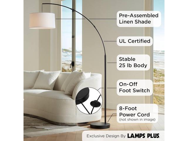 360 Lighting Cora Mid Century Modern Arc Floor Lamp 72' Tall Black Metal White Linen Fabric Drum Shade Decor for Living Room Reading House Bedroom...