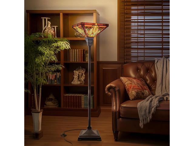 Capulina Tiffany Torchiere Floor Lamp, 70 Inches Tall Industrial Blackish Bronze Pole Amber Brown Antique Style Stained Glass Torch Standing Light...