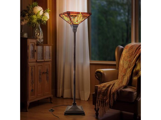 Capulina Tiffany Torchiere Floor Lamp, 70 Inches Tall Industrial Blackish Bronze Pole Amber Brown Antique Style Stained Glass Torch Standing Light...