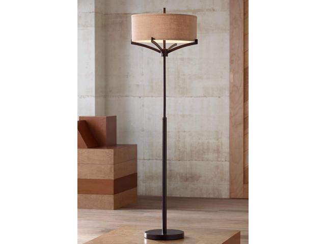 Franklin Iron Works Tremont Modern Mid Century Floor Lamp Standing 62' Tall Deep Bronze Metal Tan Burlap Drum Shade for Living Room Reading Bedroom...