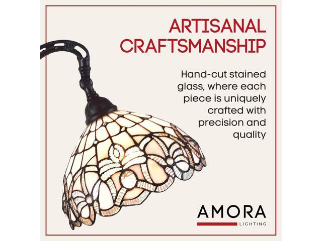 Amora Tiffany Floor Lamp - Arched, Stained Glass 62 - Traditional White Mahogany with Foot Switch Operation and Adjustable Lamp Shade - Custom...