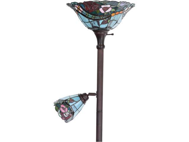 Bieye L10739 Rose Flower Tiffany Style Stained Glass Torchiere Floor Lamp with Sidelights for Reading Home Decor, 70-inch Tall