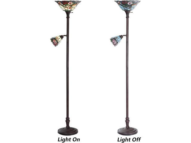Bieye L10739 Rose Flower Tiffany Style Stained Glass Torchiere Floor Lamp with Sidelights for Reading Home Decor, 70-inch Tall