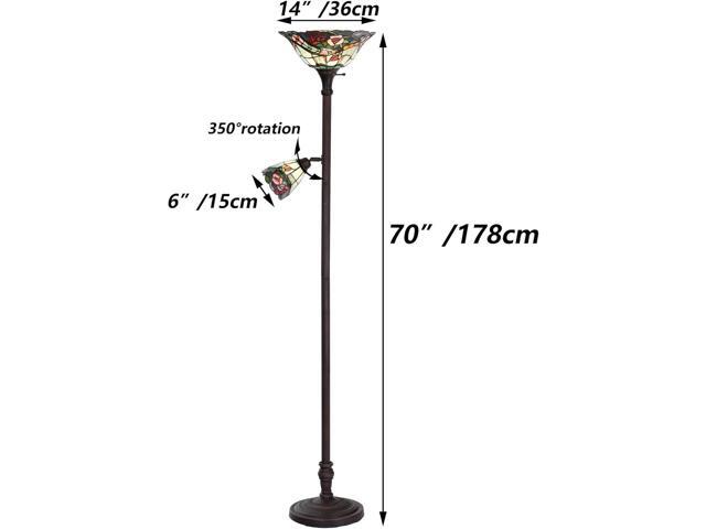 Bieye L10739 Rose Flower Tiffany Style Stained Glass Torchiere Floor Lamp with Sidelights for Reading Home Decor, 70-inch Tall