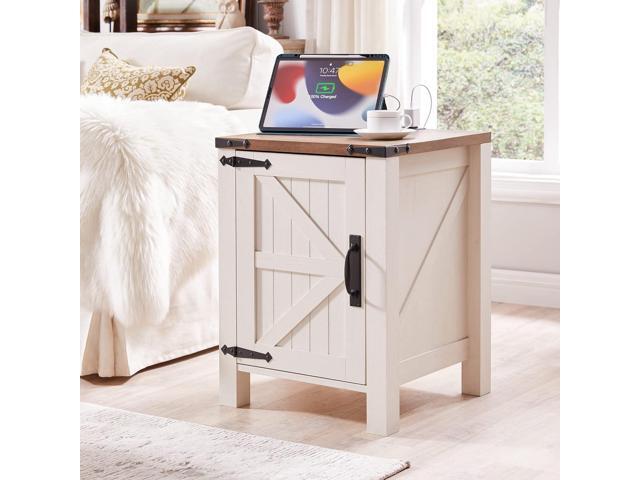 OKD Nightstand with Charging Station, 18 Inch Farmhouse End Table with Barn Door and Adjustable Storage Shelf, Rustic Wood Sofa Side Table.