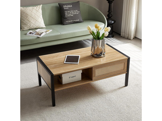 Mid Century Modern Coffee Table with Storage, 40.16 Inch Rectangle Wooden Accent Center Sofa Table with Sliding PE Rattan Woven Door Panel and...