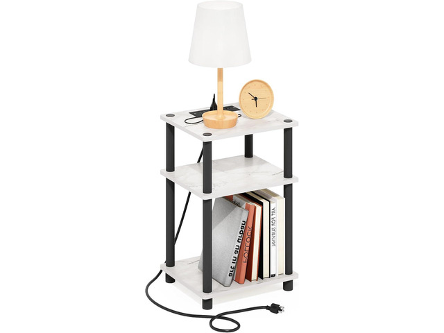 Furinno Just 3-Tier Turn-N-Tube USB and Type-C Charging Port End Table with Open Storage, 11.42 (W) x 8.82 (H) x 6.77 (D) inches, Marble White/Black