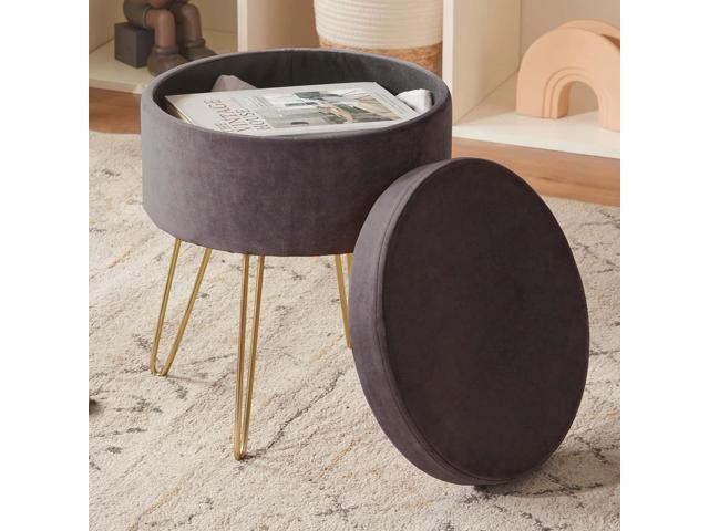 DUHOME Velvet Storage Ottoman, Vanity Stool with Removable Cover Footrest Stool Round Vanity Chair Small Coffee Table for Bedroom Living Room Grey