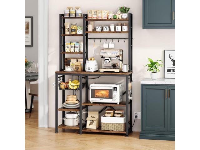 Baker Rack with Power Outlet - Microwave Stand with Storage, Large Coffee Bar Station with 14 Hooks, Metal Kitchen Shelf Rack for Spices, Pots...