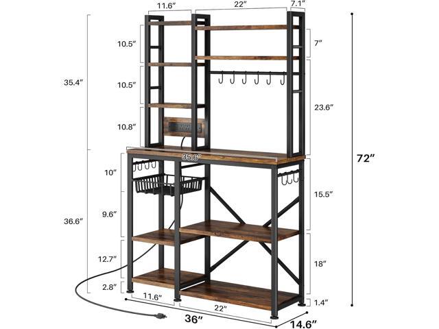 Baker Rack with Power Outlet - Microwave Stand with Storage, Large Coffee Bar Station with 14 Hooks, Metal Kitchen Shelf Rack for Spices, Pots...