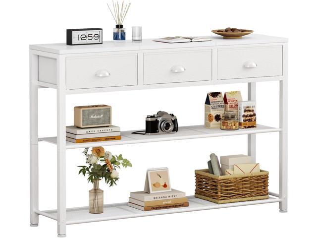 Furologee White Entryway Table, 38'' Console Sofa Table with 3 Fabric Drawers, Industrial Entry Way Table with Storage Shelves, Display Shelf for.