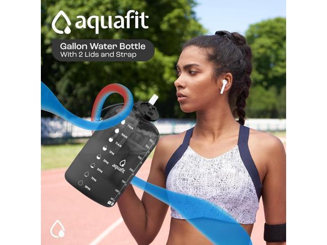 AQUAFIT 1 Gallon Water Bottle with Time Marker - Straw & Chug Lid - BPA Free Gym Water Bottle with Straw - Big Gallon Jug (Gray, 128 oz - 2 Lids)
