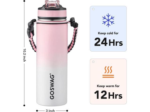 GOSWAG Insulated Sports Water Bottle, 24oz 2 Lids(with Straw/No Straw), Stainless Steel Water Bottles with Paracord Handle, Insulated Thermos with...