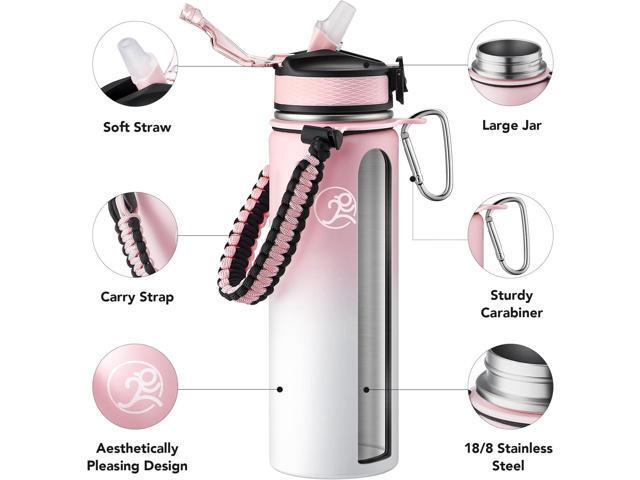 GOSWAG Insulated Sports Water Bottle, 24oz 2 Lids(with Straw/No Straw), Stainless Steel Water Bottles with Paracord Handle, Insulated Thermos with...