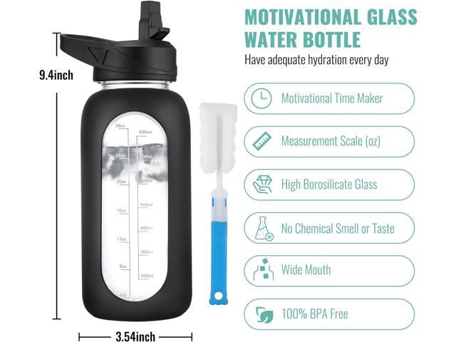 CIVAGO 32 oz Glass Water Bottle with Straw and Handle, Large Sports Motivational Water Bottle Flask with Time Marker and 2 Lids, Leakproof Water...