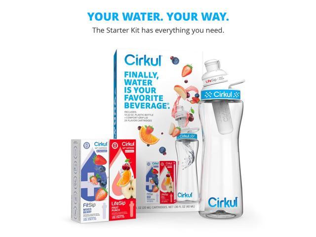 Cirkul 22oz. BPA-Free Plastic Water Bottle Starter Kit with Blue Lid, 2 Flavor Cartridges (1 LifeSip Fruit Punch, 1 FitSip Mixed Berry) Zero...