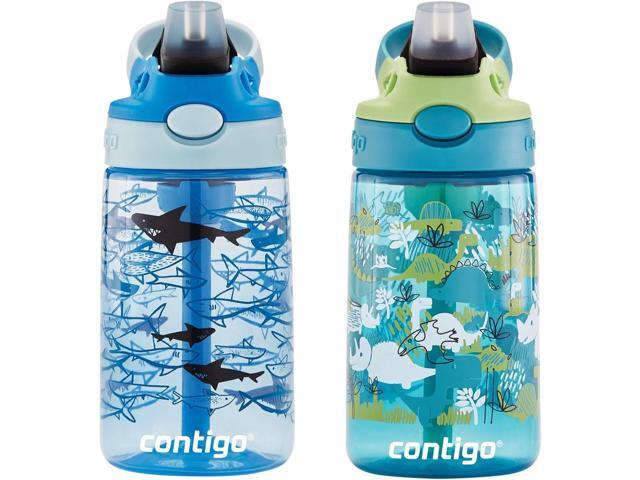 Contigo Aubrey Kids Dinos & Sharks, Cleanable Water Bottle with Silicone Straw, Spill-Proof Lid, Dishwasher Safe, 14oz, 2-Pack