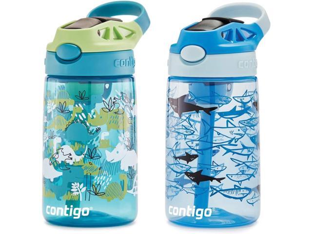 Contigo Aubrey Kids Dinos & Sharks, Cleanable Water Bottle with Silicone Straw, Spill-Proof Lid, Dishwasher Safe, 14oz, 2-Pack