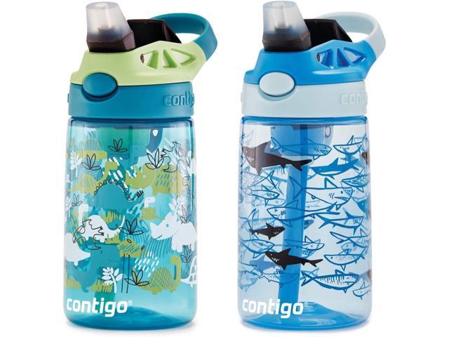 Contigo Aubrey Kids Dinos & Sharks, Cleanable Water Bottle with Silicone Straw, Spill-Proof Lid, Dishwasher Safe, 14oz, 2-Pack