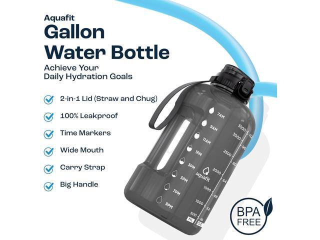 AQUAFIT 1 Gallon Water Jug with Time Marker - BPA Free 128 oz Gym Water Bottle with Straw, Handle, Gray
