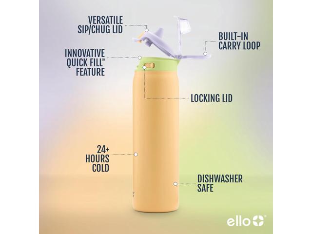 Ello Pop & Fill Stainless Steel Water Bottle with Quick Fill Technology, Double Walled Vacuum Insulated Metal, Leak Proof Locking Lid, Sip & Chug,...