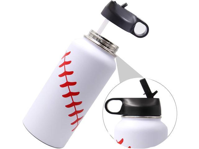 32 oz Baseball Water Bottle, Wide Mouth Sports Flask Metal Travel Tumbler with 2 Lids 18/8 Stainless Steel Double Wall Vacuum Insulated (32oz,...