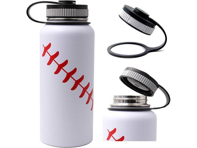 32 oz Baseball Water Bottle, Wide Mouth Sports Flask Metal Travel Tumbler with 2 Lids 18/8 Stainless Steel Double Wall Vacuum Insulated (32oz,...