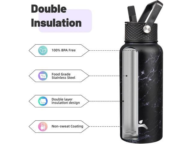 32 oz Insulated Water Bottle Stainless Steel Sport Bottles with 3 Lids,Marble Midnight
