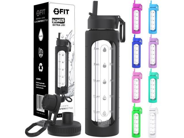 FIT Strong & Healthy 32 oz Glass Water Bottle with Straw Lid, Time Marker, Sleeve & Extra Lid - Motivational, Wide Mouth 1 Liter Glass Drinking Bottle