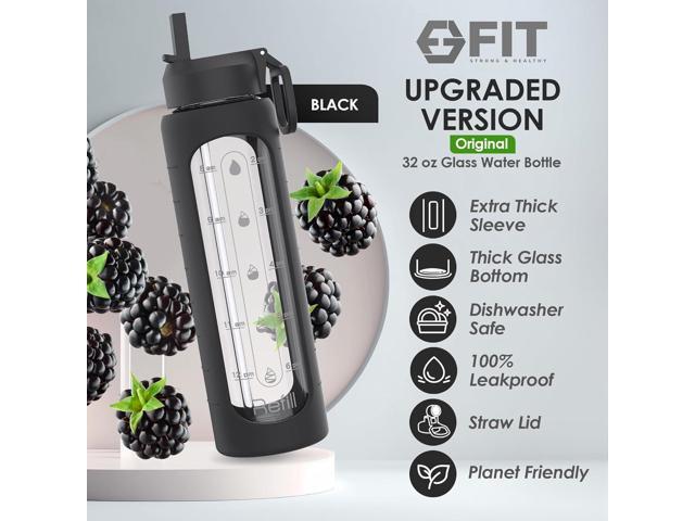 FIT Strong & Healthy 32 oz Glass Water Bottle with Time Marker & Silicone Sleeve - w/Handle & 2 Leakproof Lids Straw & Spout Lid, Wide Mouth, BPA...