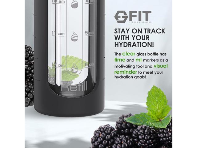 FIT Strong & Healthy 32 oz Glass Water Bottle with Time Marker & Silicone Sleeve - w/Handle & 2 Leakproof Lids Straw & Spout Lid, Wide Mouth, BPA...