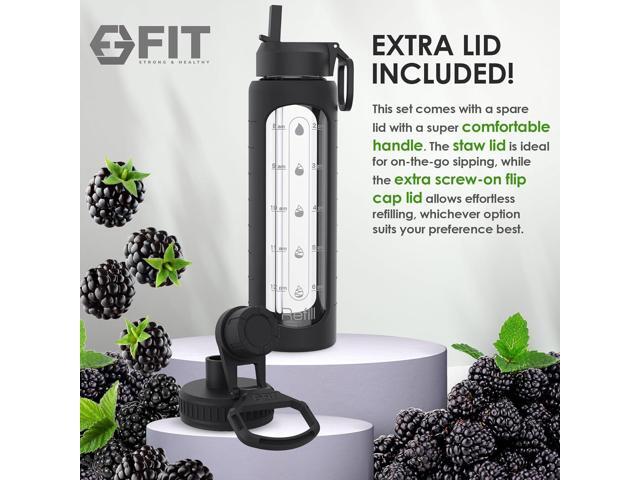 FIT Strong & Healthy 32 oz Glass Water Bottle with Time Marker & Silicone Sleeve - w/Handle & 2 Leakproof Lids Straw & Spout Lid, Wide Mouth, BPA...