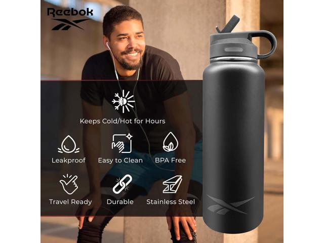 Reebok Stainless Steel Water Bottle With Straw & Athletic Design - Insulated Water Bottles 32 oz - Double Wall Vacuum Insulated Sports Water Bottle...