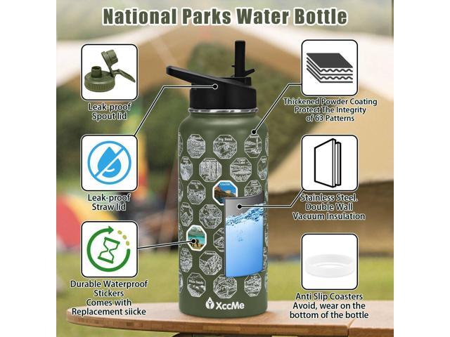 63 National Parks Water Bottle with Stickers,32 oz Stainless Steel Insulated Water Bottle with Straw,2 Lids,Leak Proof Metal Water Cup for...