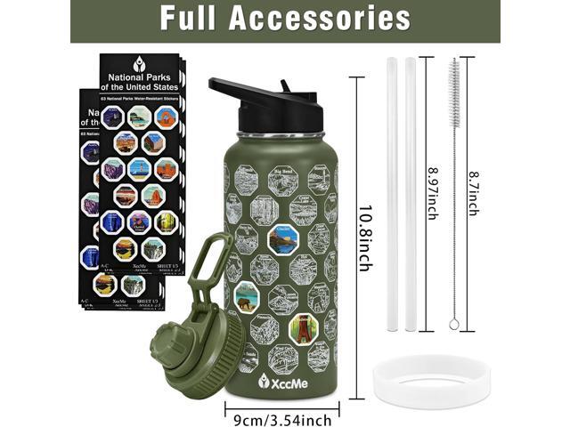 63 National Parks Water Bottle with Stickers,32 oz Stainless Steel Insulated Water Bottle with Straw,2 Lids,Leak Proof Metal Water Cup for...