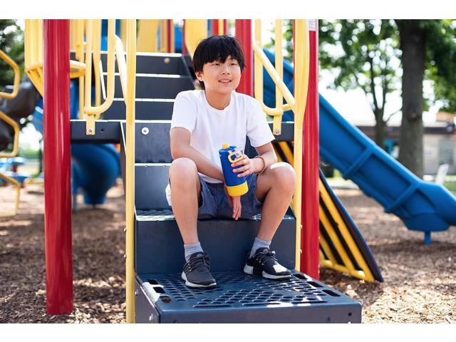 Ello Kids Colby 12oz Stainless Steel Insulated Water Bottle with Straw and Built-In Silicone Coaster Carrying Handle and Leak-Proof Locking Lid for...